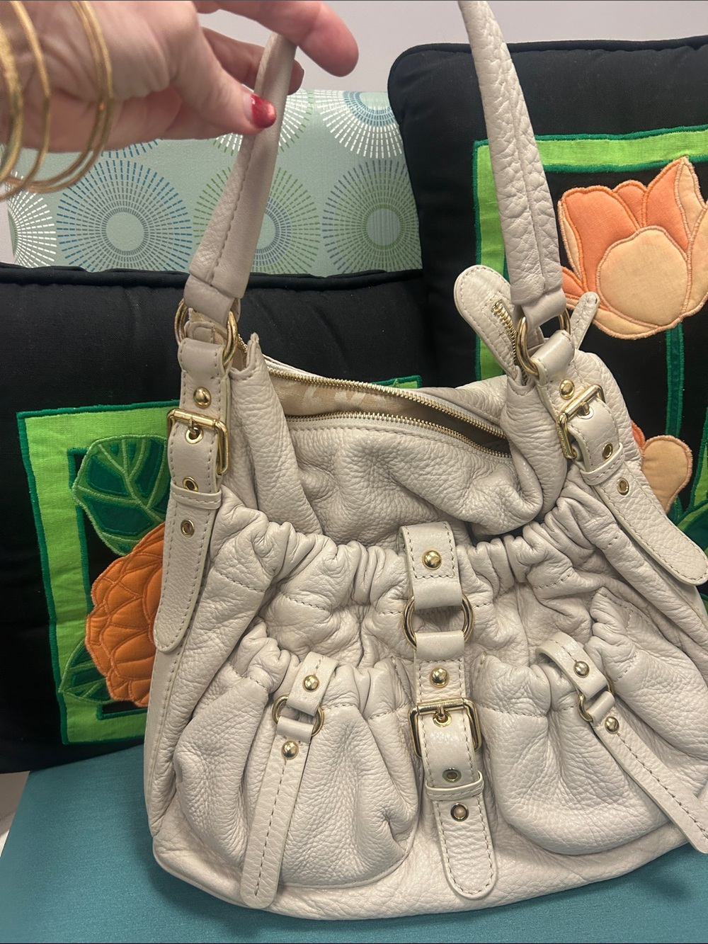 MICHAEL Michael Kors Cream Ruched Leather Shoulder Bag with Gold Hardware